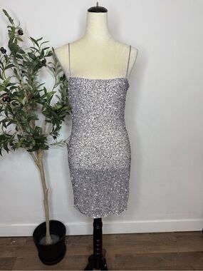 Retrofete Light Purple Silver Sequin Spaghetti Strap Mini Dress